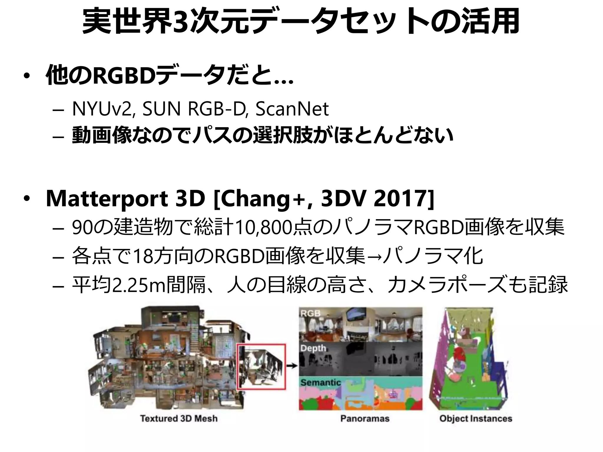 実世界3次元データセットの活用
• 他のRGBDデータだと…
– NYUv2, SUN RGB-D, ScanNet
– 動画像なのでパスの選択肢がほとんどない
• Matterport 3D [Chang+, 3DV 2017]
– 90の建造物で総計10,800点のパノラマRGBD画像を収集
– 各点で18方向のRGBD画像を収集→パノラマ化
– 平均2.25m間隔、人の目線の高さ、カメラポーズも記録
 