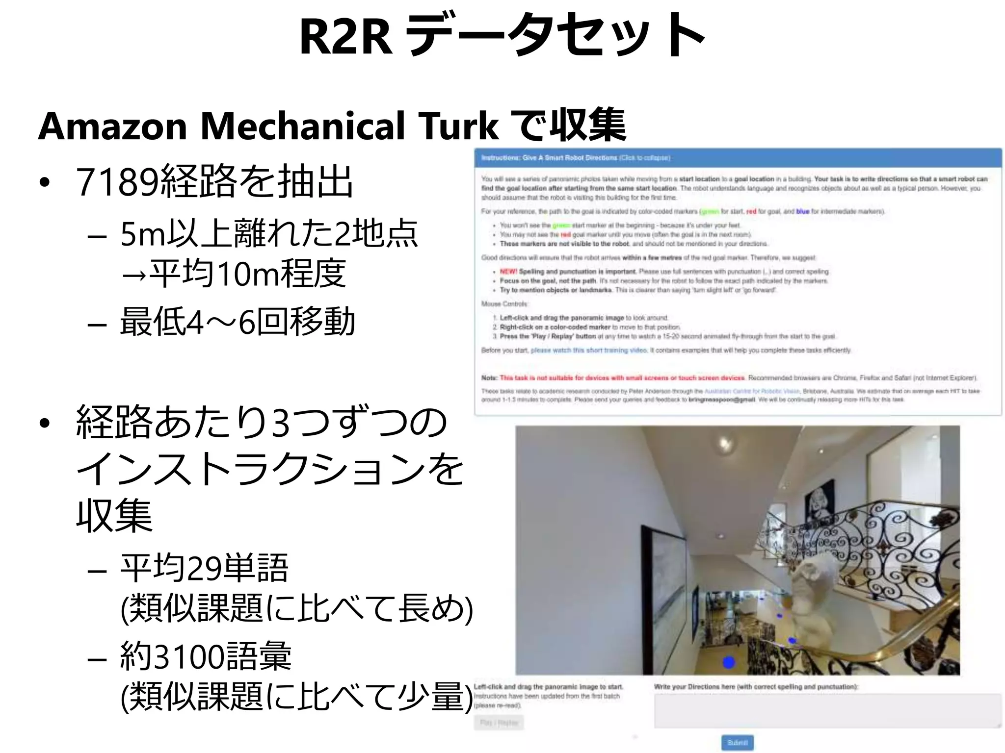 R2R データセット
Amazon Mechanical Turk で収集
• 7189経路を抽出
– 5m以上離れた2地点
→平均10m程度
– 最低4～6回移動
• 経路あたり3つずつの
インストラクションを
収集
– 平均29単語
(類似課題に比べて長め)
– 約3100語彙
(類似課題に比べて少量)
 
