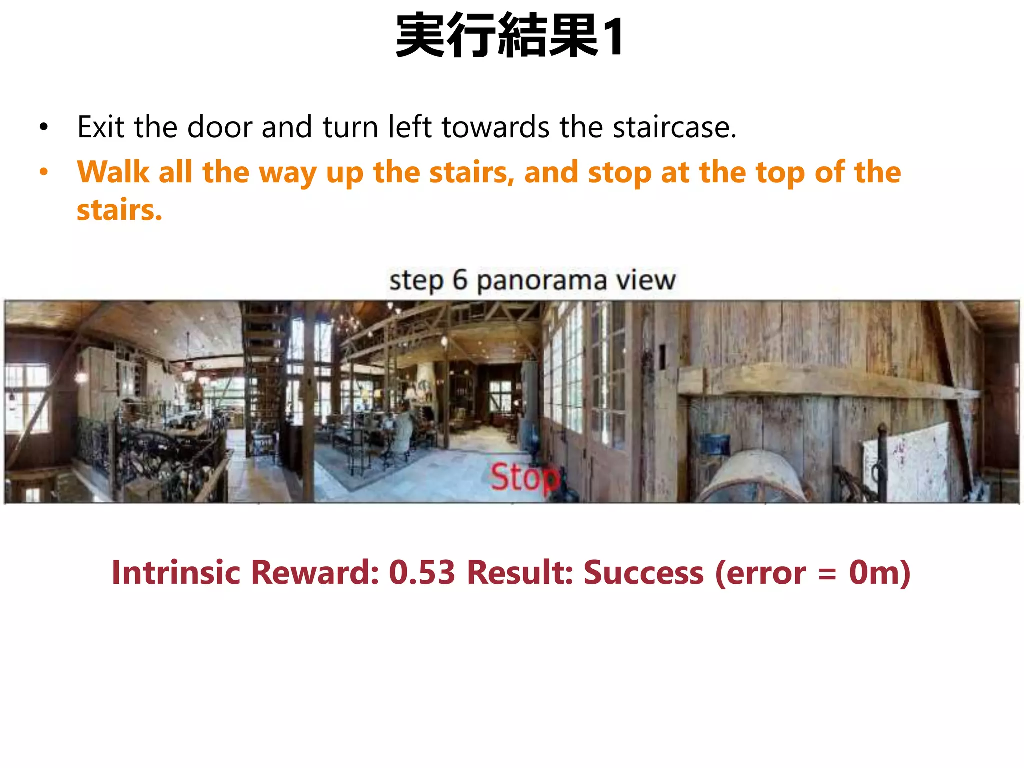 実行結果1
• Exit the door and turn left towards the staircase.
• Walk all the way up the stairs, and stop at the top of the
stairs.
Intrinsic Reward: 0.53 Result: Success (error = 0m)
 