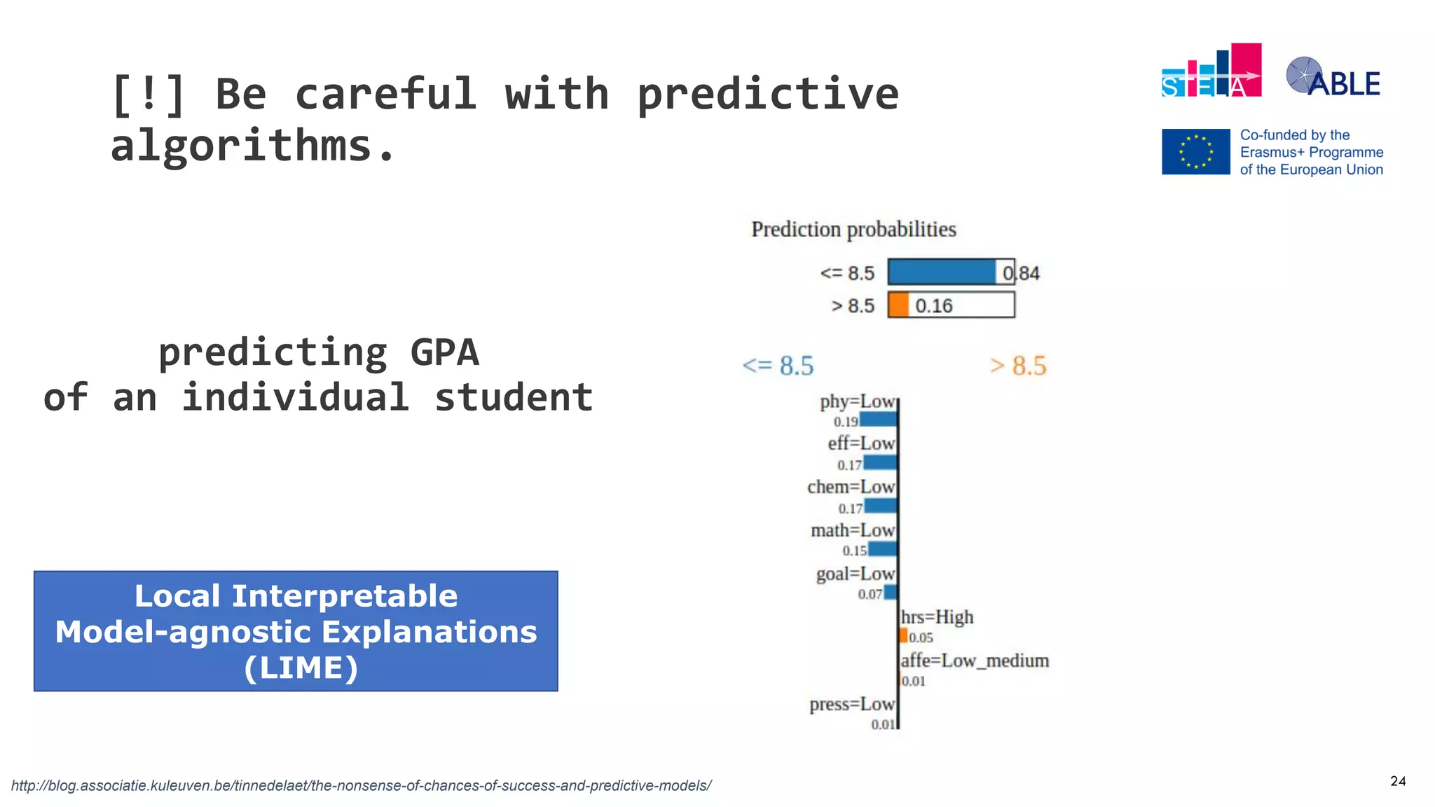 24
[!] Be careful with predictive
algorithms.
http://blog.associatie.kuleuven.be/tinnedelaet/the-nonsense-of-chances-of-success-and-predictive-models/
predicting GPA
of an individual student
Local Interpretable
Model-agnostic Explanations
(LIME)
 