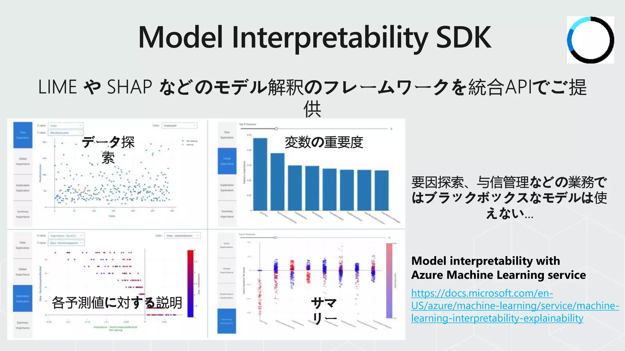 データ探
索
変数の重要度
各予測値に対する説明 サマ
リー
要因探索、与信管理などの業務で
はブラックボックスなモデルは使
えない...
https://docs.microsoft.com/en-
US/azure/machine-learning/service/machine-
learning-interpretability-explainability
Model interpretability with
Azure Machine Learning service
 