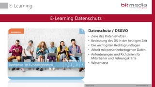 06.07.2019 www.bitmedia.at
E-Learning
E-Learning Datenschutz
Datenschutz / DSGVO
• Ziele des Datenschutzes
• Bedeutung des DS in der heutigen Zeit
• Die wichtigsten Rechtsgrundlagen
• Arbeit mit personenbezogenen Daten
• Anforderungen und Richtlinien für
Mitarbeiter und Führungskräfte
• Wissenstest
 