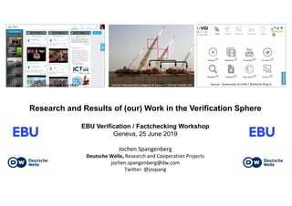 Research and Results of (our) Work in the Verification Sphere
EBU Verification / Factchecking Workshop
Geneva, 25 June 2019
Jochen	Spangenberg
Deutsche	Welle,	Research	and Cooperation Projects
jochen.spangenberg@dw.com
Twitter:	@jospang
Source:	Manipulated image of an	apparent Iranian missile testSource: Screenshot Truly Media Source:	 Screenshot	of InVID /	WeVerify Plug-in
 