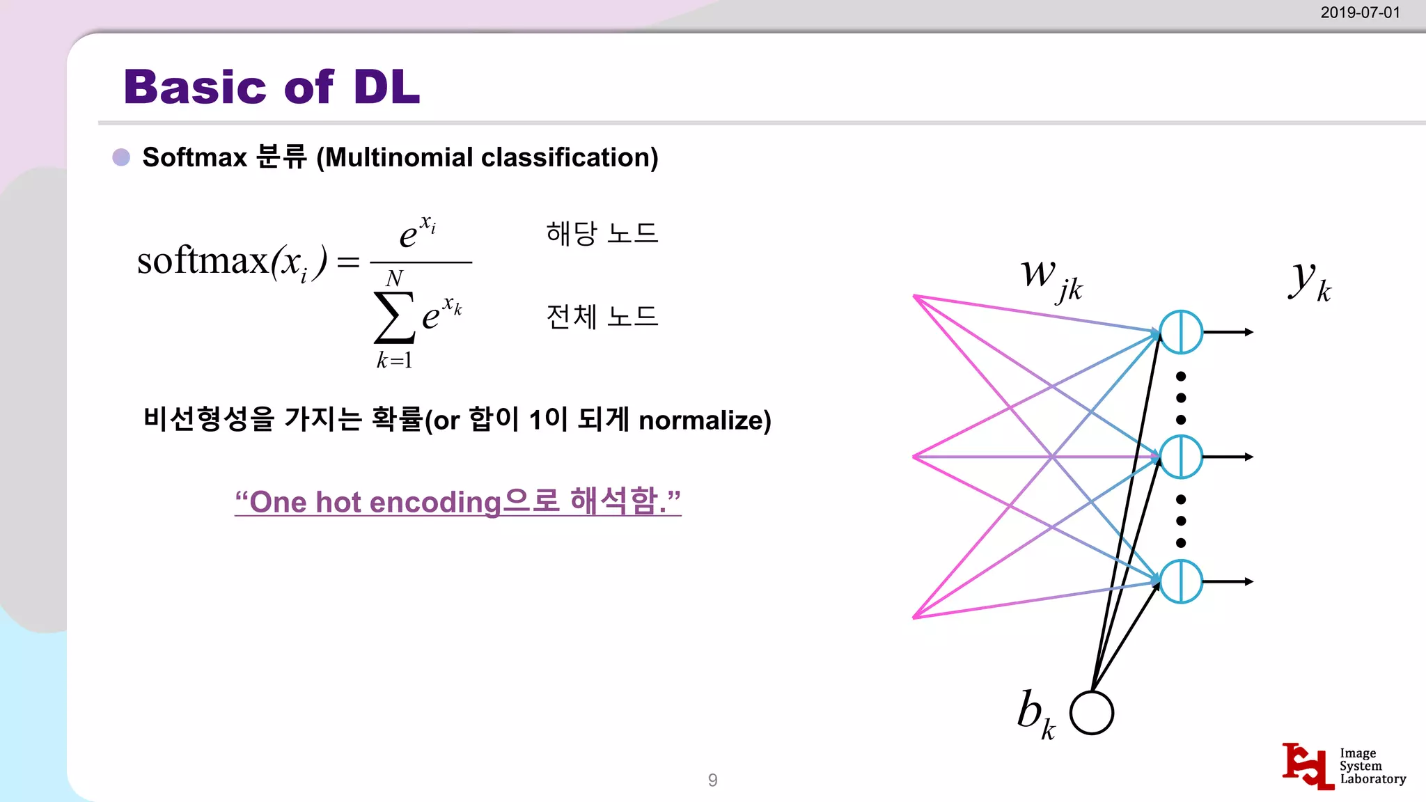 Basic of DL
Softmax 분류 (Multinomial classification)
2019-07-01
9

=
= N
k
x
x
i
k
i
e
e
)
(x
1
softmax
jk
w k
y
k
b
비선형성을 가지는 확률(or 합이 1이 되게 normalize)
“One hot encoding으로 해석함.”
해당 노드
전체 노드
 