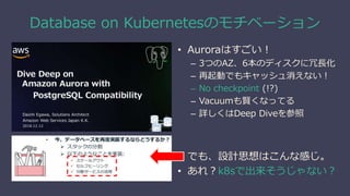Database on Kubernetesのモチベーション
• Auroraはすごい！
– 3つのAZ、6本のディスクに冗長化
– 再起動でもキャッシュ消えない！
– No checkpoint (!?)
– Vacuumも賢くなってる
– 詳しくはDeep Diveを参照
• でも、設計思想はこんな感じ。
• あれ？k8sで出来そうじゃない？
 