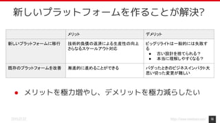 https://www.monotaro.com/2019.07.02
● メリットを極力増やし、デメリットを極力減らしたい
16
新しいプラットフォームを作ることが解決?
メリット デメリット
新しいプラットフォームに移行 技術的負債の返済による生産性の向上
さらなるスケールアウト対応
ビッグリライトは一般的には失敗す
る
● 古い設計を捨てられる？
● 本当に理解しやすくなる？
既存のプラットフォームを改善 漸進的に進めることができる バグったときのビジネスインパクト大
思い切った変更が難しい
 