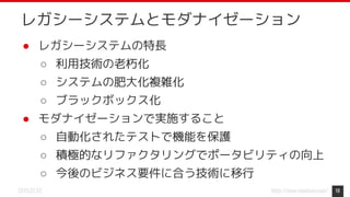 https://www.monotaro.com/2019.07.02
● レガシーシステムの特長
○ 利用技術の老朽化
○ システムの肥大化複雑化
○ ブラックボックス化
● モダナイゼーションで実施すること
○ 自動化されたテストで機能を保護
○ 積極的なリファクタリングでポータビリティの向上
○ 今後のビジネス要件に合う技術に移行
19
レガシーシステムとモダナイゼーション
 