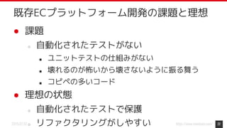 https://www.monotaro.com/2019.07.02
● 課題
○ 自動化されたテストがない
■ ユニットテストの仕組みがない
■ 壊れるのが怖いから壊さないように振る舞う
■ コピペの多いコード
● 理想の状態
○ 自動化されたテストで保護
○ リファクタリングがしやすい 22
既存ECプラットフォーム開発の課題と理想
 