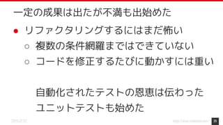 https://www.monotaro.com/2019.07.02
● リファクタリングするにはまだ怖い
○ 複数の条件網羅まではできていない
○ コードを修正するたびに動かすには重い
自動化されたテストの恩恵は伝わった
ユニットテストも始めた
29
一定の成果は出たが不満も出始めた
 