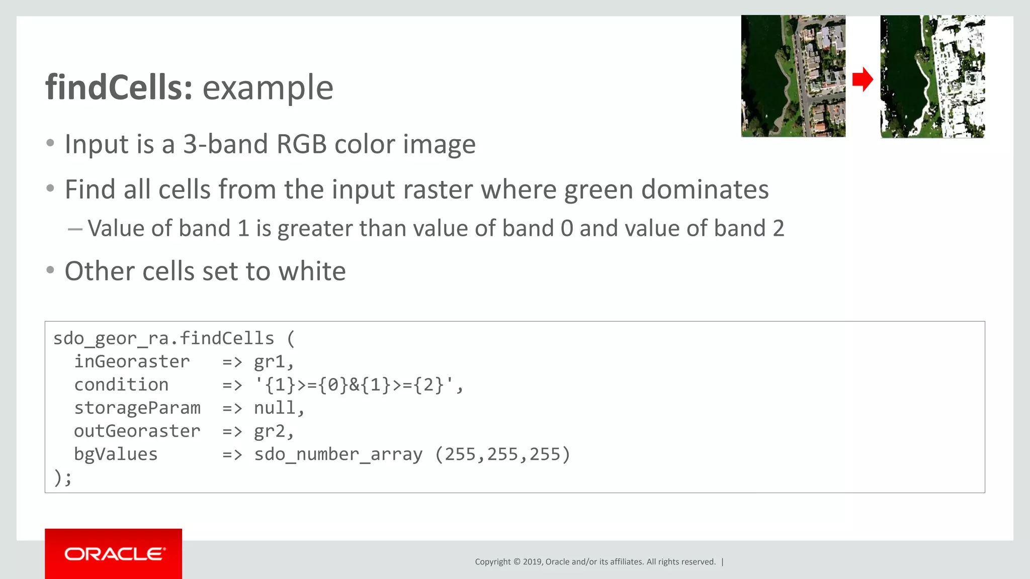 Copyright © 2019, Oracle and/or its affiliates. All rights reserved. |
findCells: example
• Input is a 3-band RGB color image
• Find all cells from the input raster where green dominates
– Value of band 1 is greater than value of band 0 and value of band 2
• Other cells set to white
sdo_geor_ra.findCells (
inGeoraster => gr1,
condition => '{1}>={0}&{1}>={2}',
storageParam => null,
outGeoraster => gr2,
bgValues => sdo_number_array (255,255,255)
);
 