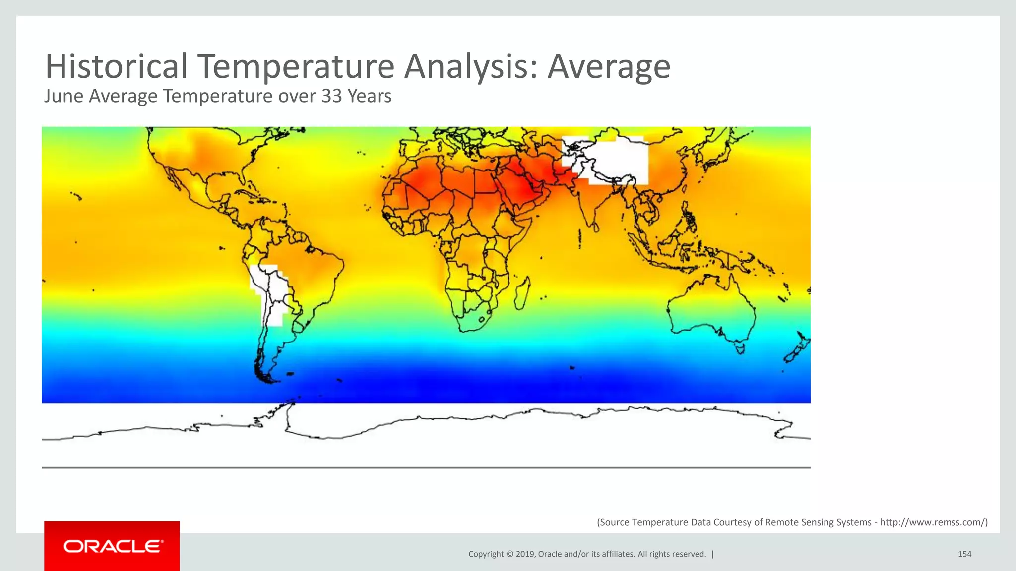 Copyright © 2019, Oracle and/or its affiliates. All rights reserved. |
Historical Temperature Analysis: Average
June Average Temperature over 33 Years
154
(Source Temperature Data Courtesy of Remote Sensing Systems - http://www.remss.com/)
 