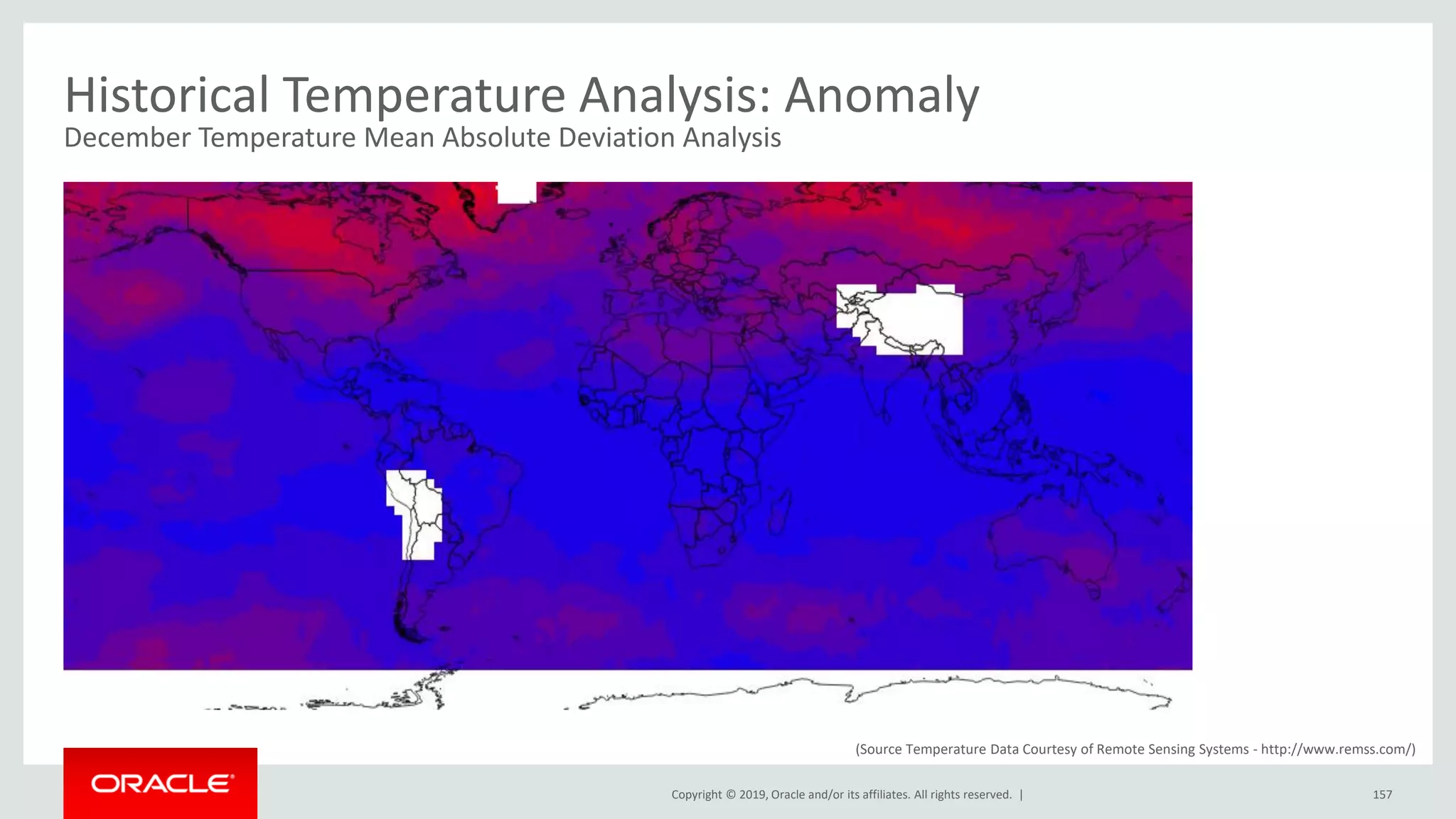 Copyright © 2019, Oracle and/or its affiliates. All rights reserved. | 157
Historical Temperature Analysis: Anomaly
December Temperature Mean Absolute Deviation Analysis
(Source Temperature Data Courtesy of Remote Sensing Systems - http://www.remss.com/)
 