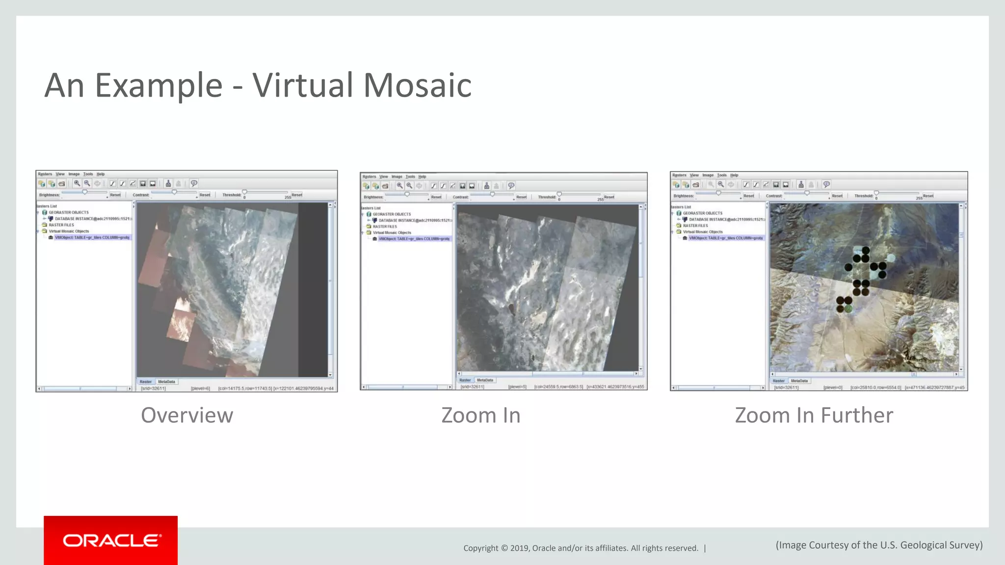 Copyright © 2019, Oracle and/or its affiliates. All rights reserved. |
An Example - Virtual Mosaic
Overview Zoom In Zoom In Further
(Image Courtesy of the U.S. Geological Survey)
 