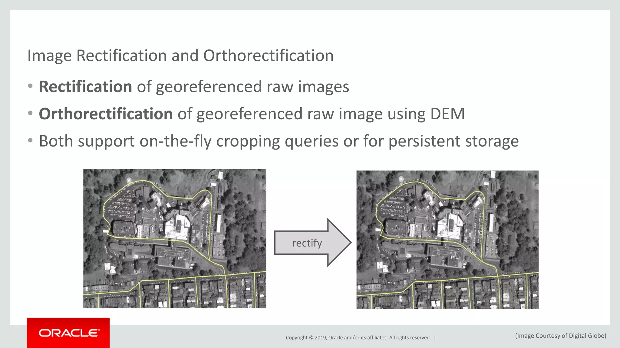 Copyright © 2019, Oracle and/or its affiliates. All rights reserved. |
Image Rectification and Orthorectification
• Rectification of georeferenced raw images
• Orthorectification of georeferenced raw image using DEM
• Both support on-the-fly cropping queries or for persistent storage
rectify
(Image Courtesy of Digital Globe)
 