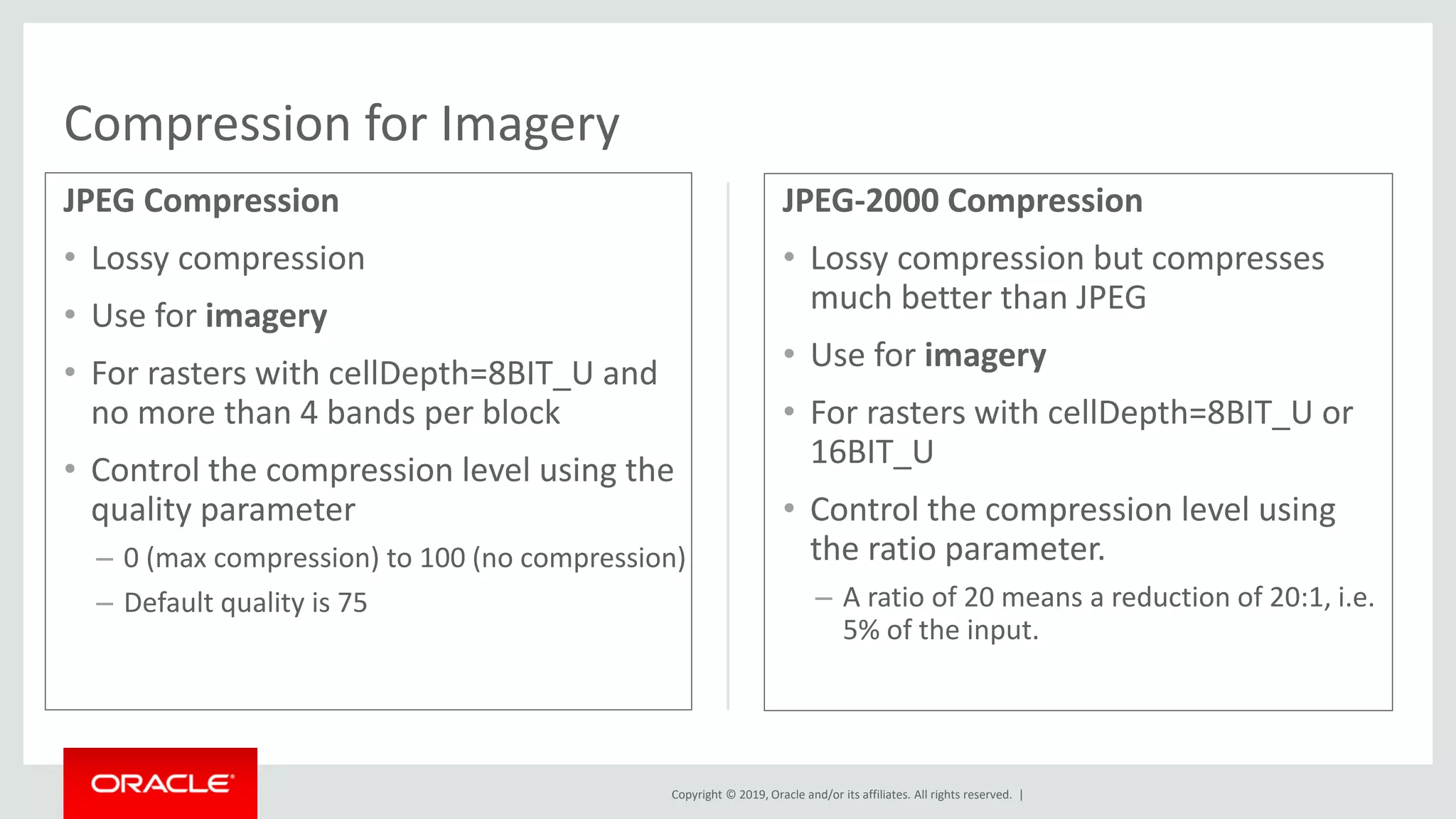 Copyright © 2019, Oracle and/or its affiliates. All rights reserved. |
JPEG Compression
• Lossy compression
• Use for imagery
• For rasters with cellDepth=8BIT_U and
no more than 4 bands per block
• Control the compression level using the
quality parameter
– 0 (max compression) to 100 (no compression)
– Default quality is 75
JPEG-2000 Compression
• Lossy compression but compresses
much better than JPEG
• Use for imagery
• For rasters with cellDepth=8BIT_U or
16BIT_U
• Control the compression level using
the ratio parameter.
– A ratio of 20 means a reduction of 20:1, i.e.
5% of the input.
Compression for Imagery
 