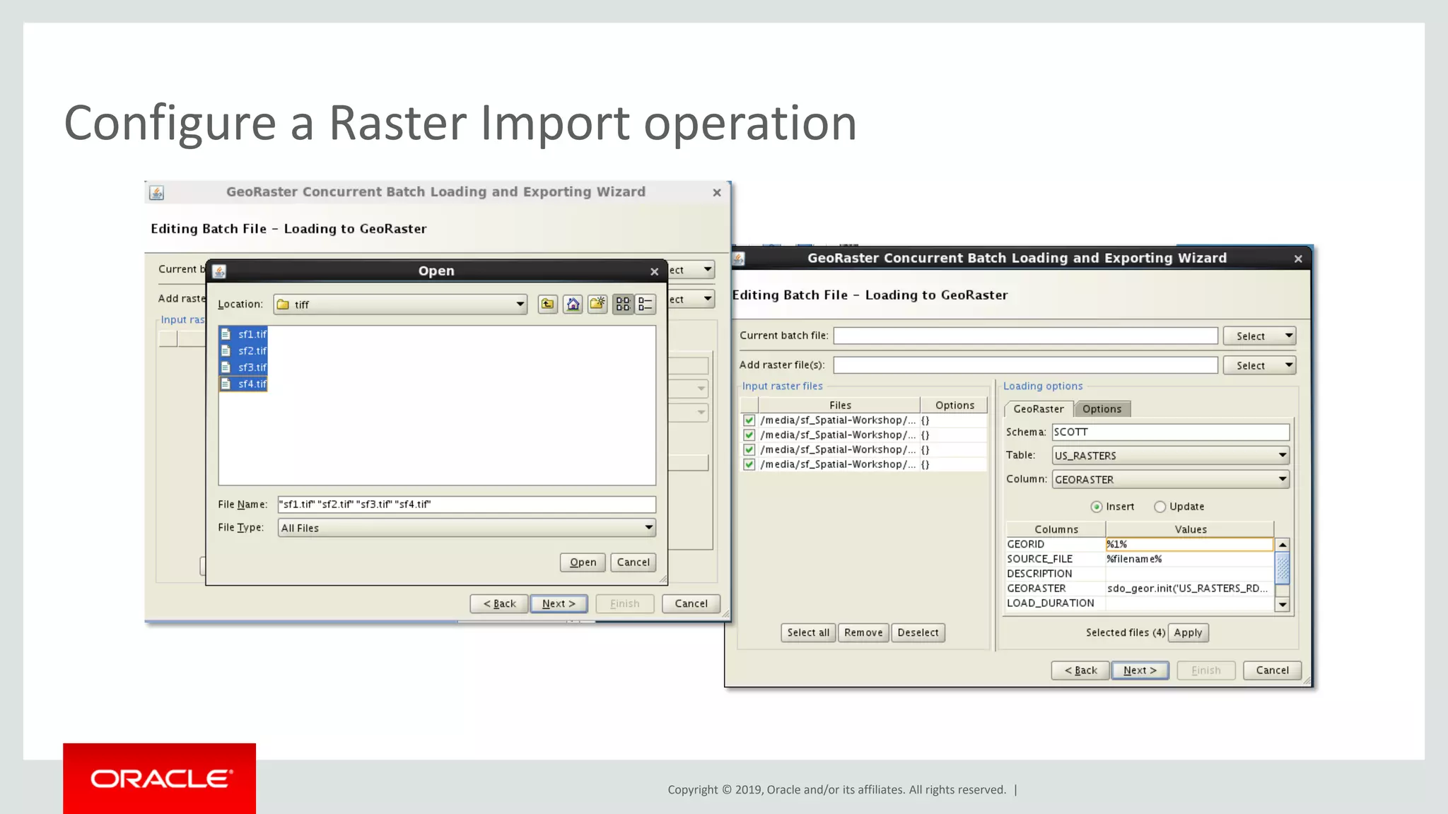 Copyright © 2019, Oracle and/or its affiliates. All rights reserved. |
Configure a Raster Import operation
 