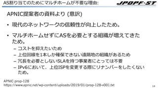 1414
AS割り当てのためにマルチホームが不要な理由:
APNIC提案者の資料より (意訳)
• 現代のネットワークの信頼性が向上したため。
• マルチホームせずにASを必要とする組織が増えてきた
ため。
– コストを抑えたいため
– 上位回線を1本しか確保できない遠隔地の組織があるため
– 冗⻑を必要としないSLAを持つ事業者にとっては不要
– IPv6において、上位ISPを変更する際にリナンバーをしたくない
ため。
APNIC prop-128
https://www.apnic.net/wp-content/uploads/2019/01/prop-128-v001.txt
 