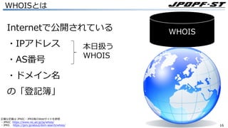 1616
WHOISとは
Internetで公開されている
・IPアドレス
・AS番号
・ドメイン名
の「登記簿」
WHOIS
正確な定義は JPNIC・JPRS等のWebサイトを参照
・JPNIC https://www.nic.ad.jp/ja/whois/
・JPRS https://jprs.jp/about/dom-search/whois/
本⽇扱う
WHOIS
 