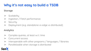 Why it’s not easy to build a TSDB
Storage
➢ Scalability
➢ Ingestion / Fetch performance
➢ Security
➢ Deployment (e.g. stan...