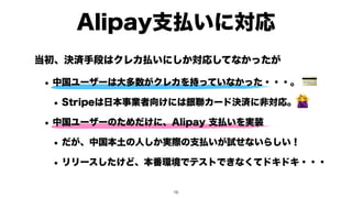 Alipay支払いに対応
💳
🙅
当初、決済手段はクレカ払いにしか対応してなかったが
• 中国ユーザーは大多数がクレカを持っていなかった・・・。
• Stripeは日本事業者向けには銀聯カード決済に非対応。
• 中国ユーザーのためだけに、Alipay 支払いを実装
• だが、中国本土の人しか実際の支払いが試せないらしい！
• リリースしたけど、本番環境でテストできなくてドキドキ・・・
!16
 