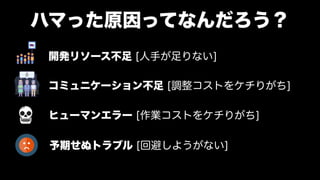 開発リソース不足 [人手が足りない]
コミュニケーション不足 [調整コストをケチりがち]
ヒューマンエラー [作業コストをケチりがち]
ハマった原因ってなんだろう？
予期せぬトラブル [回避しようがない]
!20
 