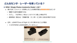 ɤʥ?``ʹäƤ룿
? SPADSingle Photon Avalanche DiodeȤϣ
? ΢Сʹ⣨եȥ󣩤Ȥ֪ܤʳ߸жȤʥ
? 霤ǤźŤQyǤ
? ⤬ / ʤΥХʥꂎʳ
? ܲGHzlӿ ʥ?ԥ1ؤӋyǤ룩
? ꡢLiDARTime of Flight 󥵤ʹ뤳Ȥ
? ȥ西SPAD LiDARԇƤ餷
https://monoist.atmarkit.co.jp/mn/articles/1510/22/news037.html
 