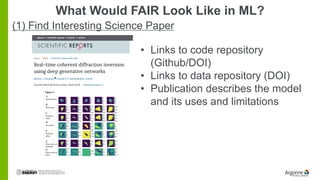 What Would FAIR Look Like in ML?
(1) Find Interesting Science Paper
• Links to code repository
(Github/DOI)
• Links to dat...