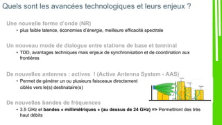 Une nouvelle forme d’onde (NR)
• plus faible latence, économies d’énergie, meilleure efficacité spectrale
Un nouveau mode de dialogue entre stations de base et terminal
• TDD, avantages techniques mais enjeux de synchronisation et de coordination aux
frontières
De nouvelles antennes : actives ! (Active Antenna System - AAS)
• Permet de générer un ou plusieurs faisceaux directement
ciblés vers le(s) destinataire(s)
De nouvelles bandes de fréquences
• 3.5 GHz et bandes « millimétriques » (au dessus de 24 GHz) => Permettront des très
haut débits
Quels sont les avancées technologiques et leurs enjeux ?
 