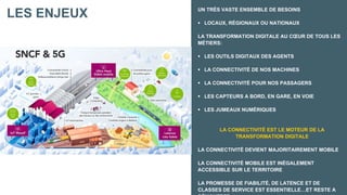 LES ENJEUX UN TRÈS VASTE ENSEMBLE DE BESOINS
 LOCAUX, RÉGIONAUX OU NATIONAUX
LA TRANSFORMATION DIGITALE AU CŒUR DE TOUS LES
MÉTIERS:
 LES OUTILS DIGITAUX DES AGENTS
 LA CONNECTIVITÉ DE NOS MACHINES
 LA CONNECTIVITÉ POUR NOS PASSAGERS
 LES CAPTEURS A BORD, EN GARE, EN VOIE
 LES JUMEAUX NUMÉRIQUES
LA CONNECTIVITÉ EST LE MOTEUR DE LA
TRANSFORMATION DIGITALE
LA CONNECTIVITÉ DEVIENT MAJORITAIREMENT MOBILE
LA CONNECTIVITÉ MOBILE EST INÉGALEMENT
ACCESSIBLE SUR LE TERRITOIRE
LA PROMESSE DE FIABILITÉ, DE LATENCE ET DE
CLASSES DE SERVICE EST ESSENTIELLE…ET RESTE A
 