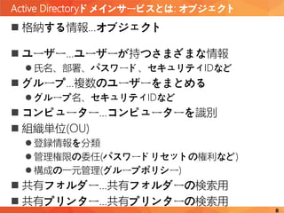 Active Directoryドメインサービスとは: オブジェクト
8
 格納する情報…オブジェクト
 ユーザー…ユーザーが持つさまざまな情報
 氏名、部署、パスワード、セキュリティIDなど
 グループ…複数のユーザーをまとめる
 グループ名、セキュリティIDなど
 コンピューター…コンピューターを識別
 組織単位(OU)
 登録情報を分類
 管理権限の委任(パスワードリセットの権利など)
 構成の一元管理(グループポリシー)
 共有フォルダー…共有フォルダーの検索用
 共有プリンター…共有プリンターの検索用
 