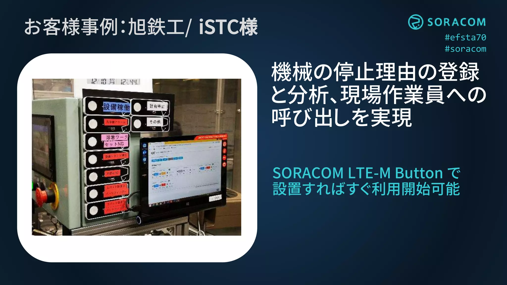 #efsta70
#soracom
お客様事例：旭鉄工/ iSTC様
SORACOM LTE-M Button で
設置すればすぐ利用開始可能
機械の停止理由の登録
と分析、現場作業員への
呼び出しを実現
 