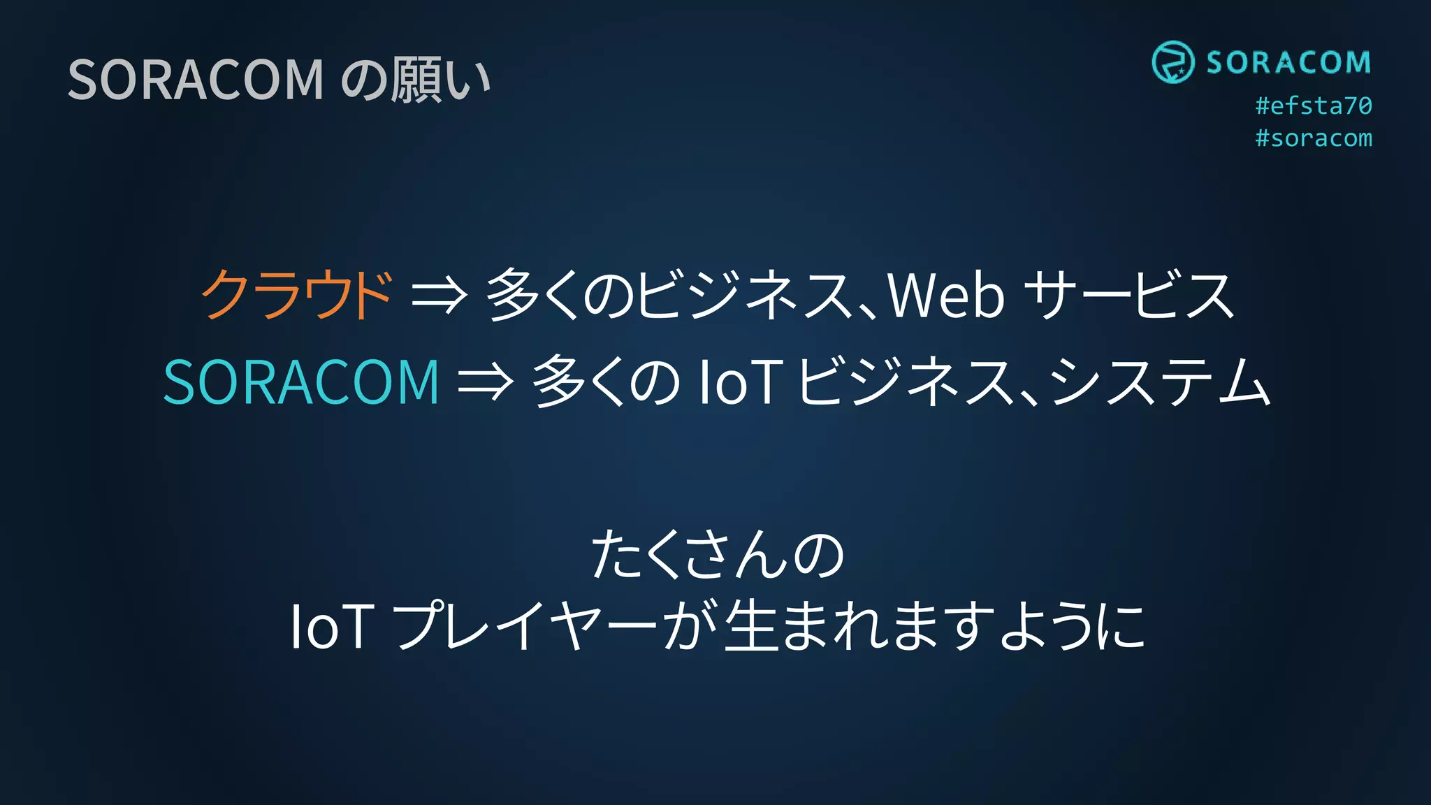 #efsta70
#soracom
SORACOM の願い
クラウド ⇒ 多くのビジネス、Web サービス
SORACOM ⇒ 多くの IoT ビジネス、システム
たくさんの
IoT プレイヤーが生まれますように
 