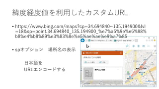 緯度経度値を利用したカスタムURL
• https://www.bing.com/maps?cp=34.694840~135.194900&lvl
=18&sp=point.34.694840_135.194900_%e7%a5%9e%e6%88%
b8%e4%b8%89%e3%83%8e%e5%ae%ae%e9%a7%85
• spオプション 場所名の表示
日本語を
URLエンコードする
 