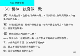 A-23
9-8 文件管制
ISO 精神：說寫做一致
說：不只是主管，包括執行系統的員工，可以說明工作職責與該工作在
系統中的角色。
寫：以現場的情況，編輯作業程序書，若有不適當的地方，則進行修
改，並落實在現場。
做：依照文件之內容執行任務。
----> 常見缺失：說寫作不一致，員工及主管對系統的認知不足。
寫：文件內容不合理，無法有效管制食安
說：員工不清楚職責與食安管制特性
做：並非依照程序書執行工作
 