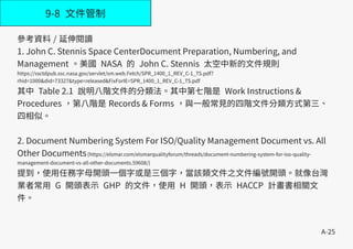A-25
9-8 文件管制
參考資料 / 延伸閱讀
1. John C. Stennis Space CenterDocument Preparation, Numbering, and
Management 。美國 NASA 的 John C. Stennis 太空中新的文件規則
https://ssctdpub.ssc.nasa.gov/servlet/sm.web.Fetch/SPR_1400_1_REV_C-1_TS.pdf?
rhid=1000&did=73327&type=released&FixForIE=SPR_1400_1_REV_C-1_TS.pdf
其中 Table 2.1 說明八階文件的分類法。其中第七階是 Work Instructions &
Procedures ，第八階是 Records & Forms ，與一般常見的四階文件分類方式第三、
四相似。
2. Document Numbering System For ISO/Quality Management Document vs. All
Other Documents(https://elsmar.com/elsmarqualityforum/threads/document-numbering-system-for-iso-quality-
management-document-vs-all-other-documents.59608/)
提到，使用任務字母開頭一個字或是三個字，當該類文件之文件編號開頭。就像台灣
業者常用 G 開頭表示 GHP 的文件，使用 H 開頭，表示 HACCP 計畫書相關文
件。
 