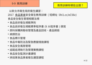 A-32
9-9 教育訓練
以新北市衛生局的衛生講習：
2017 食品業者安全衛生教育訓練 ( 短網址 lihi1.cc/oC56c)
食品安全衛生管理相關法規
●
食品良好衛生規範準則
●
食品良好衛生規範標準程序書 (9 大程序書 ) 撰寫
●
原料採購與驗收管理及產品回收、產品銷毀
●
病媒防治
●
食品標示管理
●
食品中毒防治及緊急應變措施課程
●
食品安全風險管理
●
追蹤追溯執行及管理實務課程
●
食品安全監測計畫課程
●
烘焙業食品業者衛生講習課程
教育訓練有哪些主題？
 