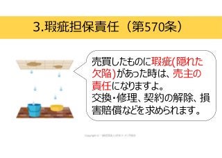 3.瑕疵担保責任（第570条）
売買したものに瑕疵(隠れた
欠陥)があった時は、売主の
責任になりますよ。
交換・修理、契約の解除、損
害賠償などを求められます。
 