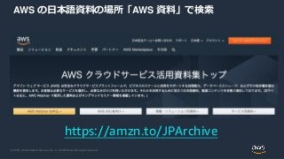 © 2019, Amazon Web Services, Inc. or its Affiliates. All rights reserved.
AWS の日本語資料の場所「AWS 資料」で検索
https://amzn.to/JPArchi...