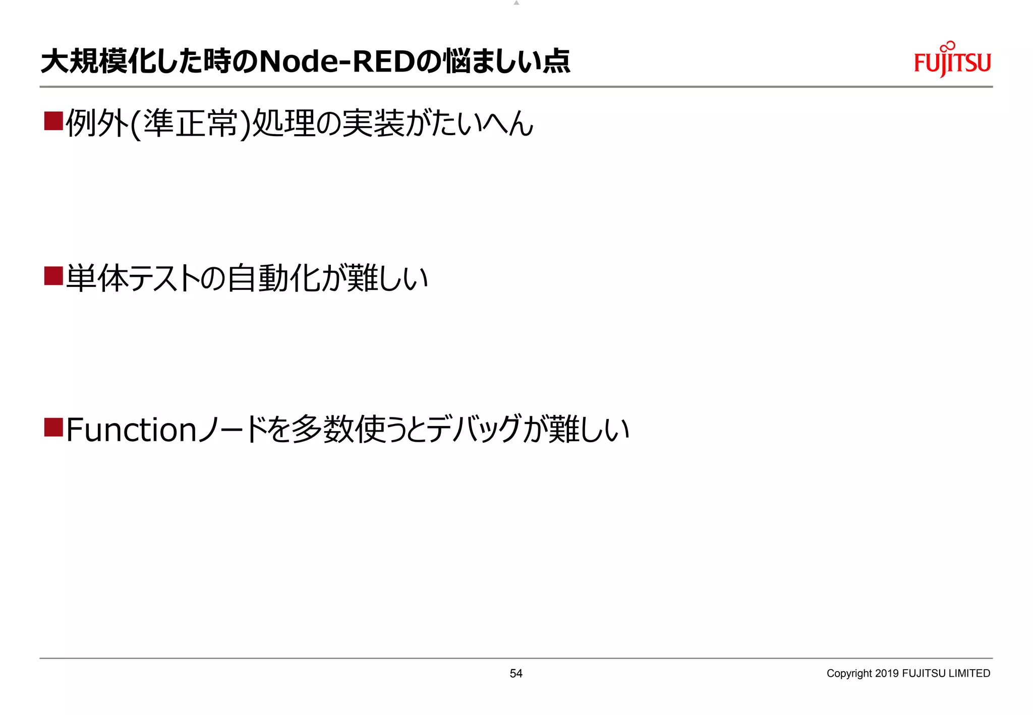 大規模化した時のNode-REDの悩ましい点
例外(準正常)処理の実装がたいへん
単体テストの自動化が難しい
Functionノードを多数使うとデバッグが難しい
Copyright 2019 FUJITSU LIMITED54
 