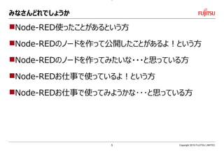 みなさんどれでしょうか
Node-RED使ったことがあるという方
Node-REDのノードを作って公開したことがあるよ！という方
Node-REDのノードを作ってみたいな・・・と思っている方
Node-REDお仕事で使っているよ！という方
Node-REDお仕事で使ってみようかな･･･と思っている方
Copyright 2019 FUJITSU LIMITED5
 