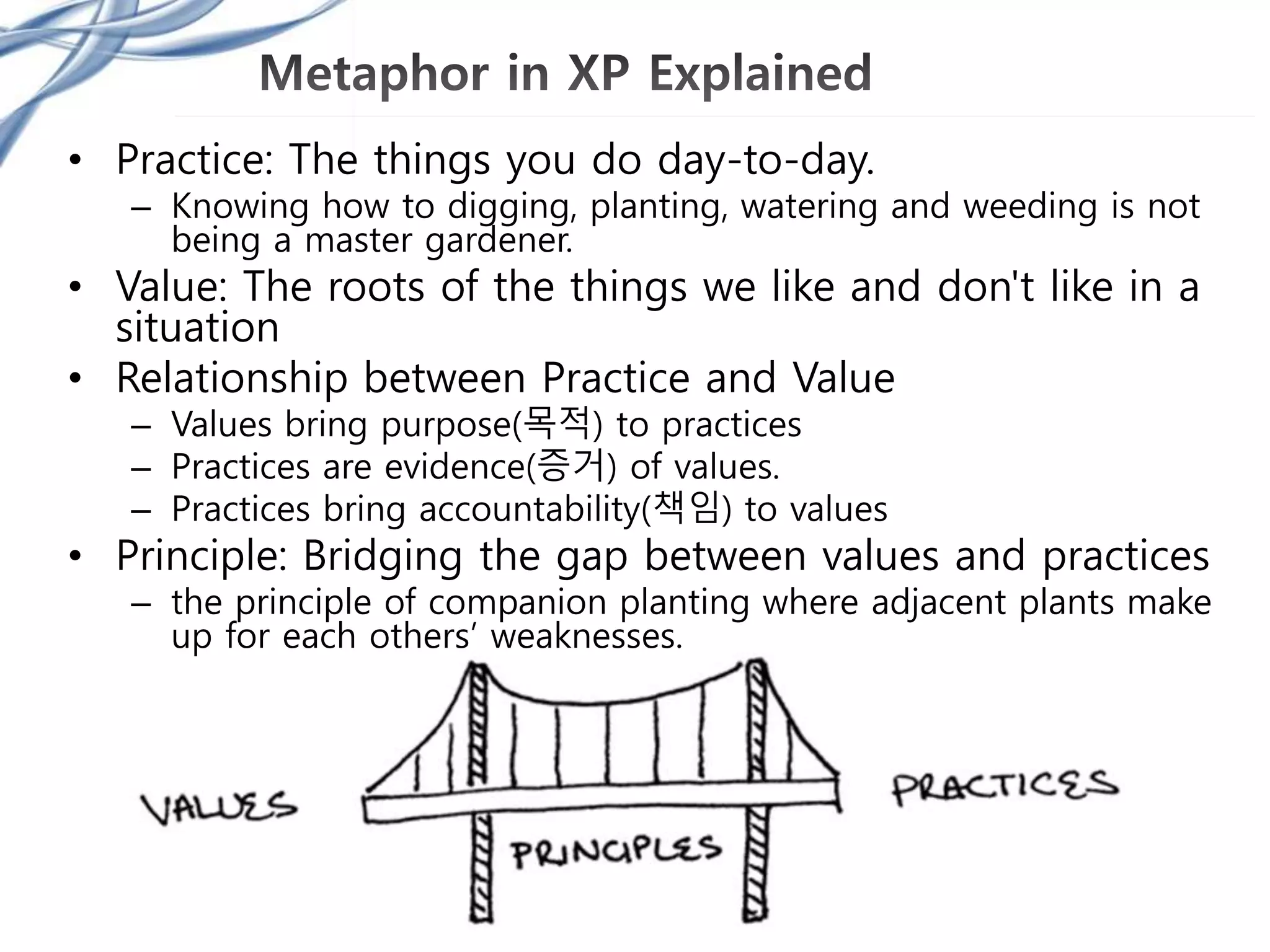 • Practice: The things you do day-to-day.
– Knowing how to digging, planting, watering and weeding is not
being a master gardener.
• Value: The roots of the things we like and don't like in a
situation
• Relationship between Practice and Value
– Values bring purpose(목적) to practices
– Practices are evidence(증거) of values.
– Practices bring accountability(책임) to values
• Principle: Bridging the gap between values and practices
– the principle of companion planting where adjacent plants make
up for each others’ weaknesses.
 