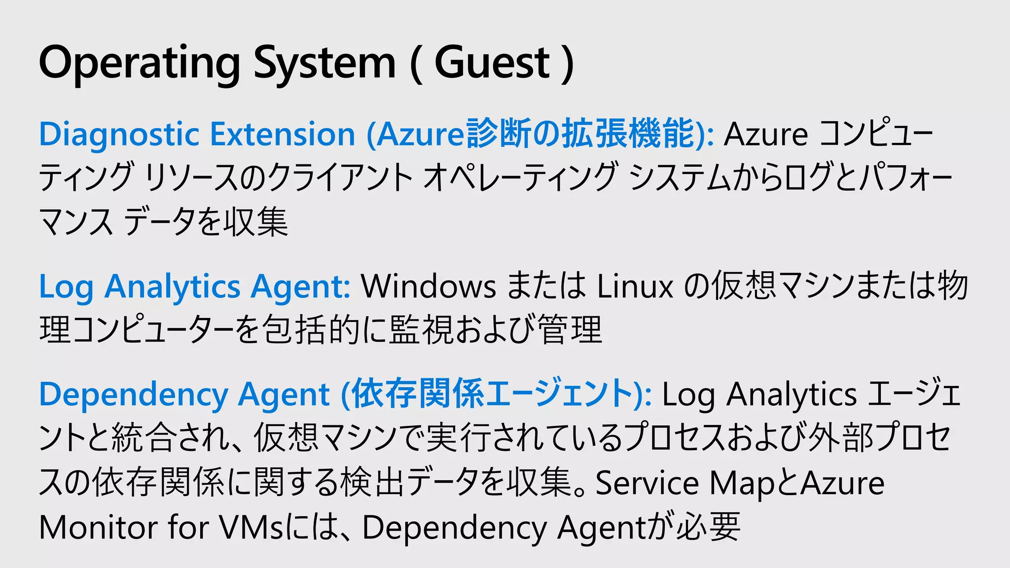 Diagnostic Extension (Azure診断の拡張機能): Azure コンピュー
ティング リソースのクライアント オペレーティング システムからログとパフォー
マンス データを収集
Log Analytics Agent: Windows または Linux の仮想マシンまたは物
理コンピューターを包括的に監視および管理
Dependency Agent (依存関係エージェント): Log Analytics エージェ
ントと統合され、仮想マシンで実行されているプロセスおよび外部プロセ
スの依存関係に関する検出データを収集。Service MapとAzure
Monitor for VMsには、Dependency Agentが必要
Operating System ( Guest )
 
