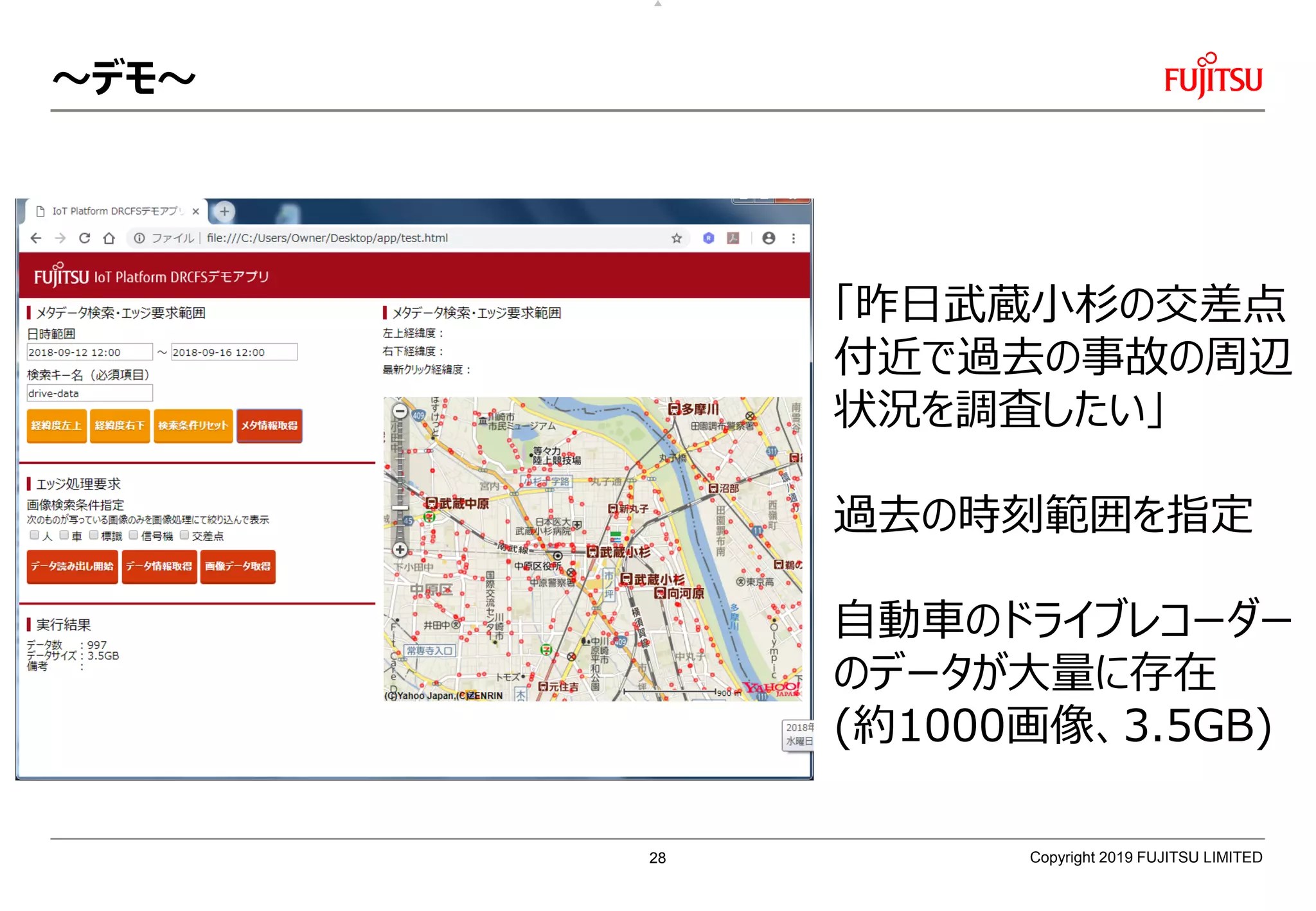 ～デモ～
Copyright 2019 FUJITSU LIMITED
「昨日武蔵小杉の交差点
付近で過去の事故の周辺
状況を調査したい」
過去の時刻範囲を指定
自動車のドライブレコーダー
のデータが大量に存在
(約1000画像、3.5GB)
28
 