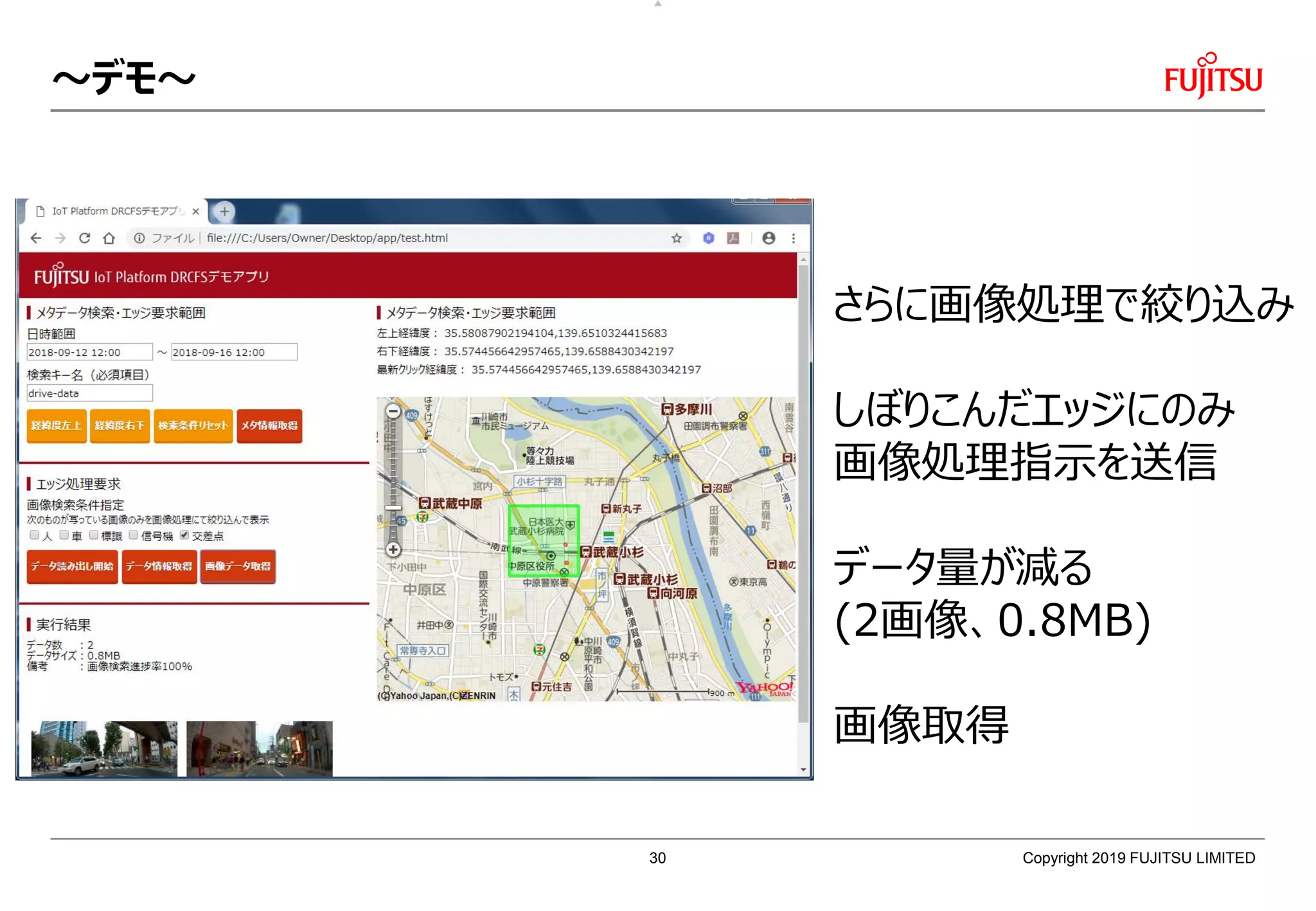 ～デモ～
Copyright 2019 FUJITSU LIMITED
さらに画像処理で絞り込み
しぼりこんだエッジにのみ
画像処理指示を送信
データ量が減る
(2画像、0.8MB)
画像取得
30
 