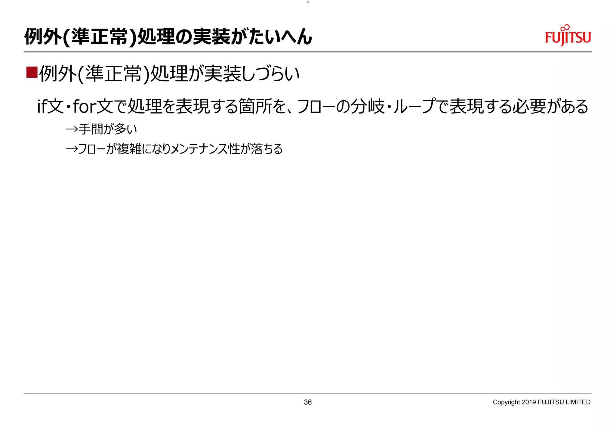例外(準正常)処理の実装がたいへん
例外(準正常)処理が実装しづらい
if文・for文で処理を表現する箇所を、フローの分岐・ループで表現する必要がある
→手間が多い
→フローが複雑になりメンテナンス性が落ちる
Copyright 2019 FUJITSU LIMITED36
 
