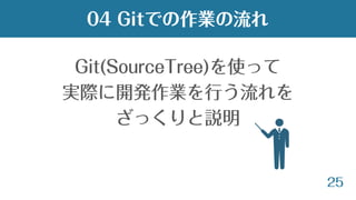 25
Git(SourceTree)を使って
実際に開発作業を行う流れを
ざっくりと説明
04 Gitでの作業の流れ
 