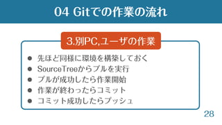 28
 先ほど同様に環境を構築しておく
 SourceTreeからプルを実行
 プルが成功したら作業開始
 作業が終わったらコミット
 コミット成功したらプッシュ
3.別PC,ユーザの作業
04 Gitでの作業の流れ
 