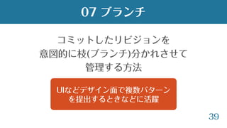 39
コミットしたリビジョンを
意図的に枝(ブランチ)分かれさせて
管理する方法
07 ブランチ
UIなどデザイン面で複数パターン
を提出するときなどに活躍
 