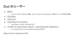 Zuul のユーザー
● BMW
○ Zuul で CI/CD をまとめて運用。Zuul プロセスは OpenShift 上で動かすことで可用性を確保
● GoDaddy
● OpenLab
● OpenStack Foundation
○ OpenStack, Airship, StarlingX など
● Ansible CI (openstack module + openstacksdk integration)
○ E.g. https://github.com/ansible/ansible/pull/59292
https://zuul-ci.org/users.html
 