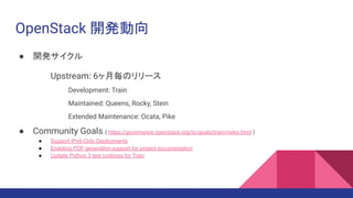 OpenStack 開発動向
● 開発サイクル
Upstream: 6ヶ月毎のリリース
Development: Train
Maintained: Queens, Rocky, Stein
Extended Maintenance: Ocata, Pike
● Community Goals ( https://governance.openstack.org/tc/goals/train/index.html )
● Support IPv6-Only Deployments
● Enabling PDF generation support for project documentation
● Update Python 3 test runtimes for Train
 